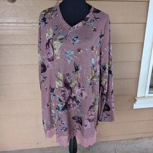Netsmile Plum Floral Knit V Neck Sweater with Lace Trim